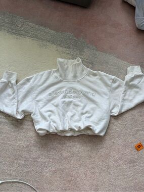 Alexander Wang White Cropped Funnel Neck Sweatshirt with Embossed Logo